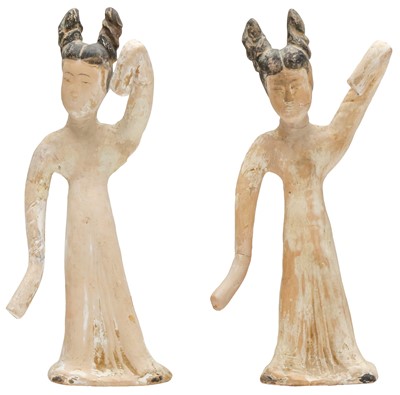 Lot 714 - TWO CHINESE PAINTED POTTERY FIGURES OF DANCING LADIES
