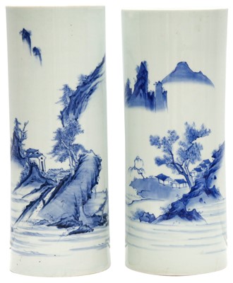 Lot 479 - TWO JAPANESE HIRADO BLUE AND WHITE CYLINDRICAL VASES