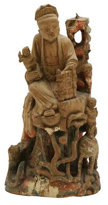 Lot 170 - A CHINESE PAINTED WOOD FIGURE GROUP