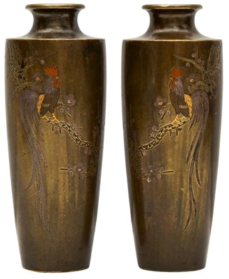 Lot 460 - A PAIR OF JAPANESE BRONZE 'COCKEREL' VASES