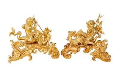 Lot 99 - A pair of Napoleon III period ormolu Louis XV style chenets circa 1870