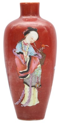 Lot 192 - A CHINESE FAMILLE-ROSE CORAL-GROUND 'LADIES' VASE