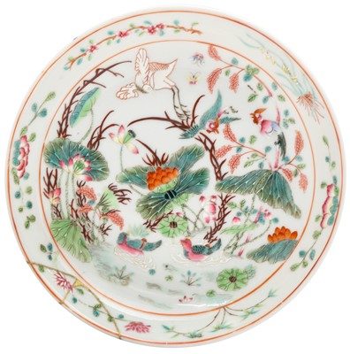 Lot 707 - A CHINESE FAMILLE-ROSE 'LOTUS POND' DISH