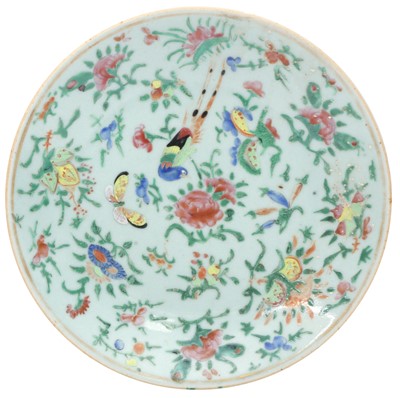 Lot 827 - A CHINESE FAMILLE-ROSE CELADON-GROUND 'BIRD AND FLOWERS' DISH