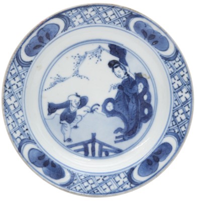 Lot 524 - A SMALL CHINESE BLUE AND WHITE 'JUMPING BOY' DISH