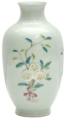 Lot 229 - A CHINESE FAMILLE-ROSE CELADON MOULDED 'SANDUO' VASE