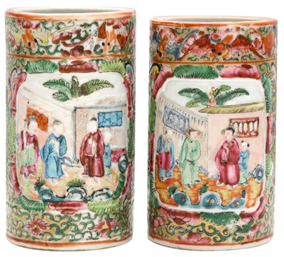 Lot 557 - TWO SMALL CHINESE CANTON FAMILLE-ROSE MOULDED BRUSH POTS