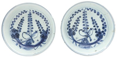 Lot 759 - TWO CHINESE KOSOMETSUKE BLUE AND WHITE 'BIRDS' BOWLS