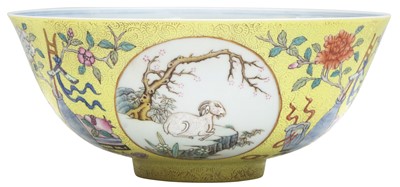 Lot 202 - A CHINESE FAMILLE ROSE YELLOW-GROUND SGRAFFIATO 'SAN YANG' MEDALLION BOWL