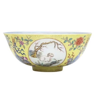 Lot 166 - A Chinese famille-rose yellow-ground sgraffiato 'medallion' bowl, 19th - 20th century