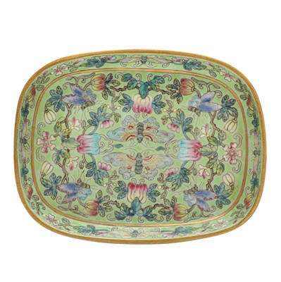Lot 173 - A Chinese famille-rose green-ground 'butterfly' dish, 20th century, Jiaqing mark