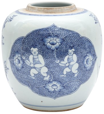 Lot 37 - A CHINESE BLUE AND WHITE 'BOYS' JAR