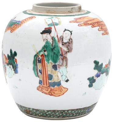 Lot 29 - A CHINESE FAMILLE-VERTE 'FIGURATIVE LANDSCAPE' JAR