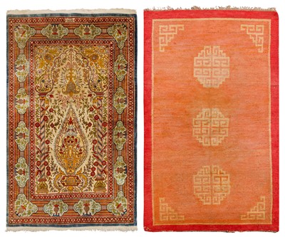 Lot 67 - AN EXTREMELY FINE SILK HEREKE PRAYER RUG, TURKEY AND TIBETAN RUG
