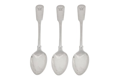 Lot 336 - Three George III sterling silver dessert spoons, London 1817 by Paul Storr (1771 - 1844, reg. 12th Jan 1793)