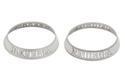 Lot 32 - A pair of George III sterling silver wine label bottle collars, London 1799 by Thomas Phipps and Edward Robinson