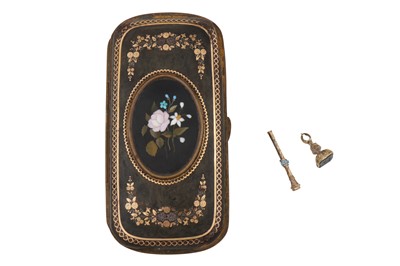Lot 518 - A late 19th century French tortoiseshell, gold pique work and Pietra dura cigar or cigarillo case, circa 1870