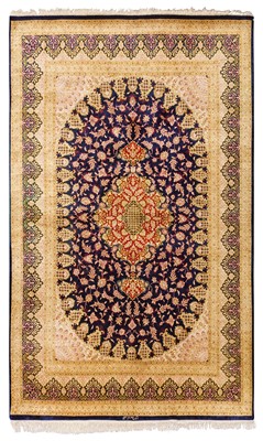 Lot 99 - AN EXTREMELY FINE SIGHED SILK QUM RUG, CENTRAL PERSIA