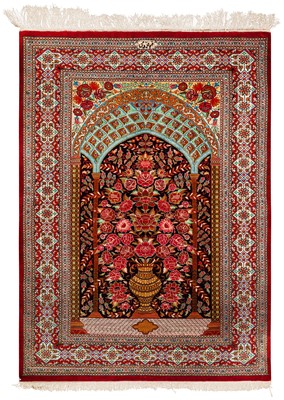 Lot 87 - AN EXTREMELY FINE SIGNED SILK QUM PRAYER RUG, CENTRAL PERSIA
