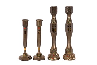 Lot 263 - SET OF FOUR SECESSIONIST STYLE BRASS AND ENAMEL TAPERSTICKS