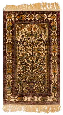 Lot 96 - A VERY FINE ANTIQUE SOUF SILK KASHAN PRAYER RUG, CENTRAL PERSIA 