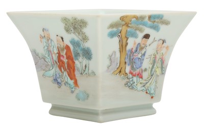 Lot 930 - A SMALL CHINESE FAMILLE-ROSE 'IMMORTALS' SQUARE-FORM JARDINIERE