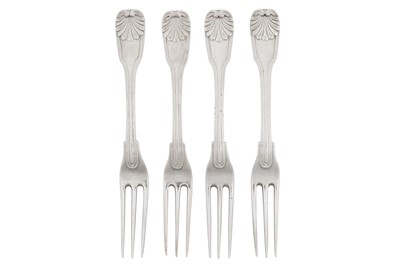 Lot 346 - Four George II/George III sterling silver table forks, London circa 1760, marked for William Grundy (this mark reg. May 1754)