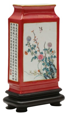 Lot 217 - A CHINESE FAMILLE-ROSE RUBY-GROUND 'BLOSSOMS' VASE