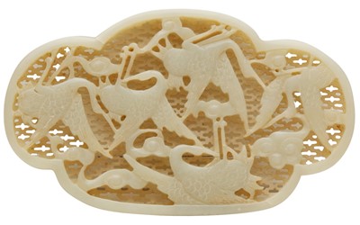 Lot 624 - A CHINESE CELADON JADE 'CRANES' PLAQUE