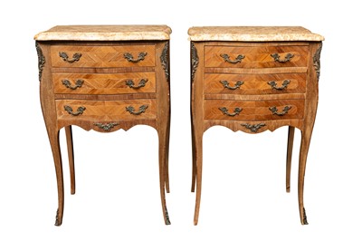 Lot 99 - A PAIR OF LOUIS XV STYLE MARBLE TOPPED WALNUT BEDSIDE TABLES
