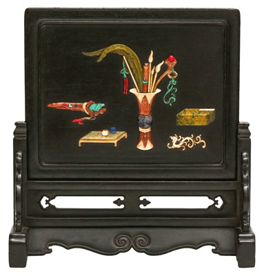 Lot 162 - A CHINESE INLAID ZITAN WOOD 'TREASURES' PANEL AND STAND