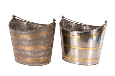 Lot 261 - A PAIR OF EDWARDIAN NAVETTE FORM STEEL COAL BUCKETS IN REGENCY STYLE
