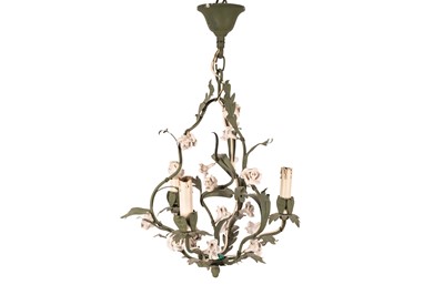 Lot 143 - A PAINTED METAL AND PORCELAIN FLORAL CHANDELIER, 20TH CENTURY