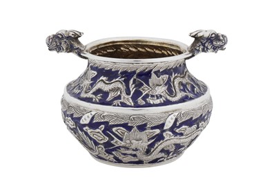 Lot 114 - An unusual early 20th century Anglo – Indian unmarked silver and enamel twin handled sugar bowl, Kashmir dated 1911