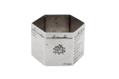 Lot 255 - A rare early 20th century Iraqi silver and niello silver napkin ring, Omara circa 1930 signed Zahroon and Saleem