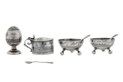 Lot 256 - A mid-20th century Iraqi silver and niello cruet set, Omara or Basra circa 1940 signed Zahroon