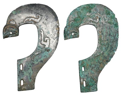Lot 144 - A PAIR OF CHINESE ARCHAIC BRONZE AXE HEADS, QI