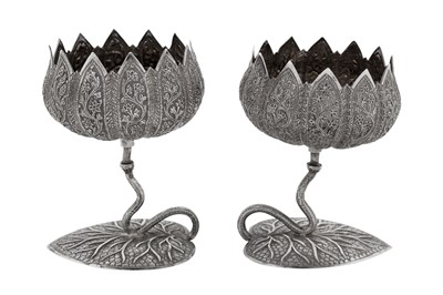 Lot 115 - A pair of early 20th century Anglo – Indian unmarked silver pedestal dishes, Kashmir circa 1920