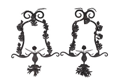 Lot 109 - A PAIR OF CONTINENTAL WROUGHT IRON WALL SCONCES