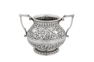 Lot 172 - A late 19th century Anglo – Indian silver twin handled sugar bowl, Cutch, Bhuj circa 1880 by Oomersi Mawji (active circa 1860-90)