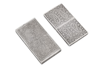 Lot 108 - Two early 20th century Anglo – Indian unmarked silver card cases, Kashmir circa 1910