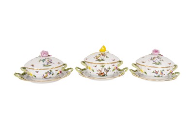 Lot 175 - A set of three Herend Rothschild Bird pattern tureens and stands