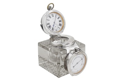 Lot 59 - A George V sterling silver mounted combination clock, barometer, inkwell, Birmingham 1912 by Asprey and Co
