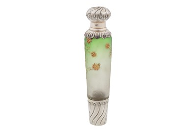 Lot 81 - A late 19th century French Art Nouveau 950 standard silver and Daum glass absinthe or liqueur bottle, Paris circa 1890 by MV (untraced)