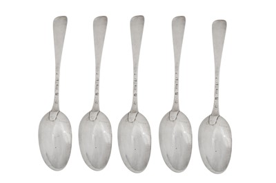 Lot 342 - Five rare George II Scottish silver tablespoons, Edinburgh 1753 by IC, attributed to James Clark, assay master Hugh Gordon