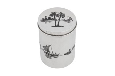 Lot 258 - A mid - 20th century Iraqi silver and niello jar or cannister, Basra circa 1950