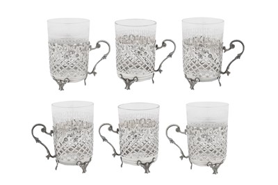 Lot 232 - A set of six early 20th century Ottoman Turkish silver tea glass holders, circa 1900, Tughra of Abdul Hamid II (r. 1876-1909)