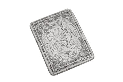 Lot 245 - A fine mid-20th century Persian (Iranian) unmarked silver cigarette case , Isfahan circa 1950, the engraving attributed to Daeizadeh
