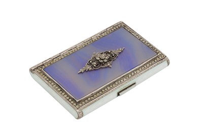 Lot 75 - An early 20th century sterling silver, guilloché enamel, agate and marcasite cigarette case, import marks for London 1928 by Stockwell and Co