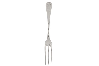 Lot 349 - A George I sterling silver table fork, London 1721 by Paul Hanet (this mark reg. 24th June 1721)
